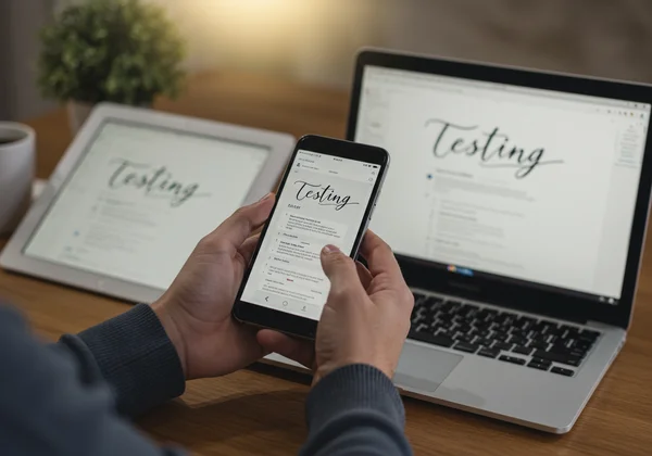 Person testing text on multiple devices before posting.