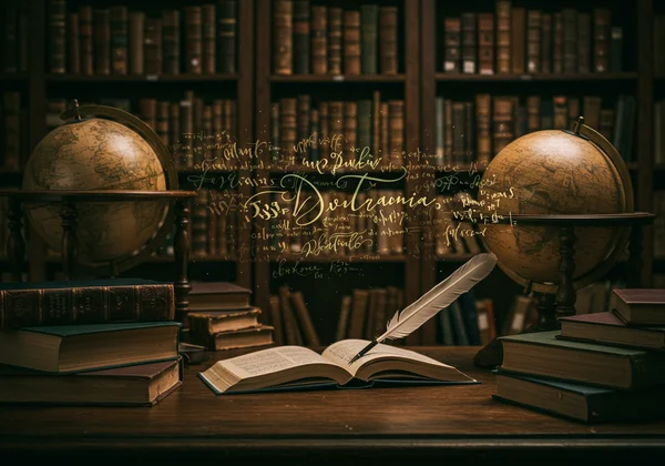 Scene evoking Dark Academia with classic ornate text samples
