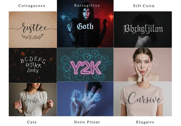 Collage showcasing various aesthetic font styles like Y2K, goth