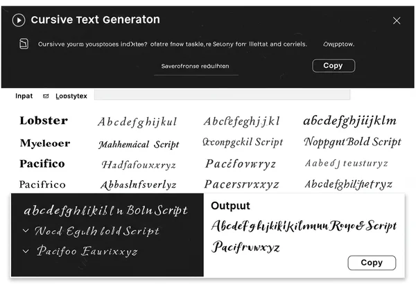 Screenshot of a cursive text generator tool interface.