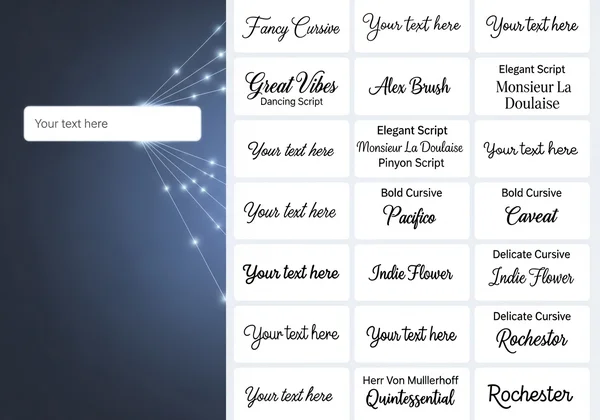 Text transforming from plain to various cursive fonts