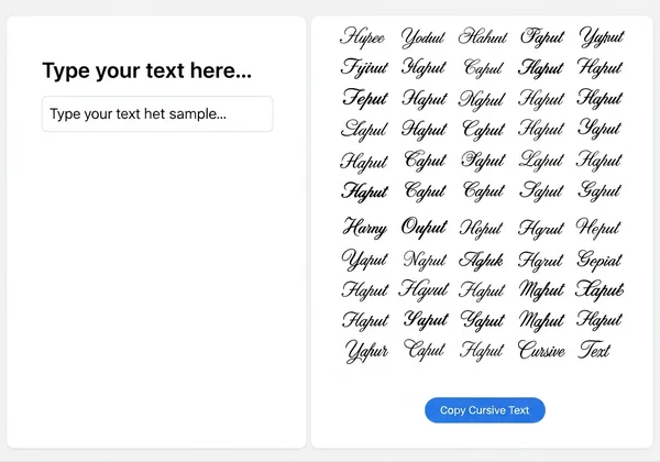 Screenshot of an online cursive text generator interface