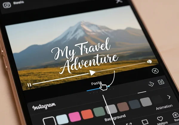 Instagram Reels editor showing cursive text being pasted