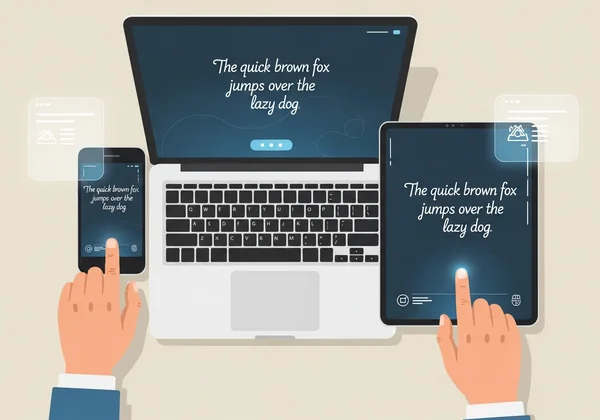 Cursive text flowing across multiple digital devices